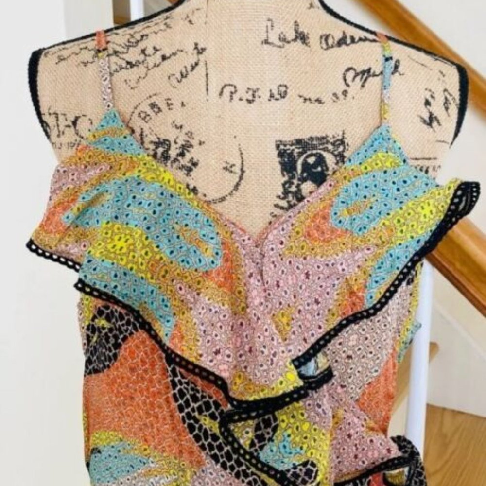 Anthropologie Orange and Green Leaf-Print Midi Dress - Picture 5 of 7